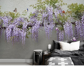 3D Wisteria Flower Wallpaper Mural, Blooming Flowers Wall Decor