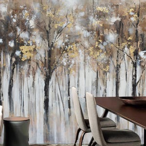 Mural de papel pintado de bosque de café: decoración artística con árboles impresionistas