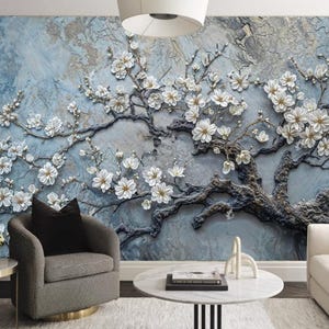 Chinoiserie Cherry Blossom Tree Wallpaper Mural: Retro Floral Wall Decor