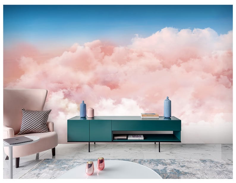 Hand Painted Abstract Pink Clouds Wallpaper Wall Mural Pink Etsy