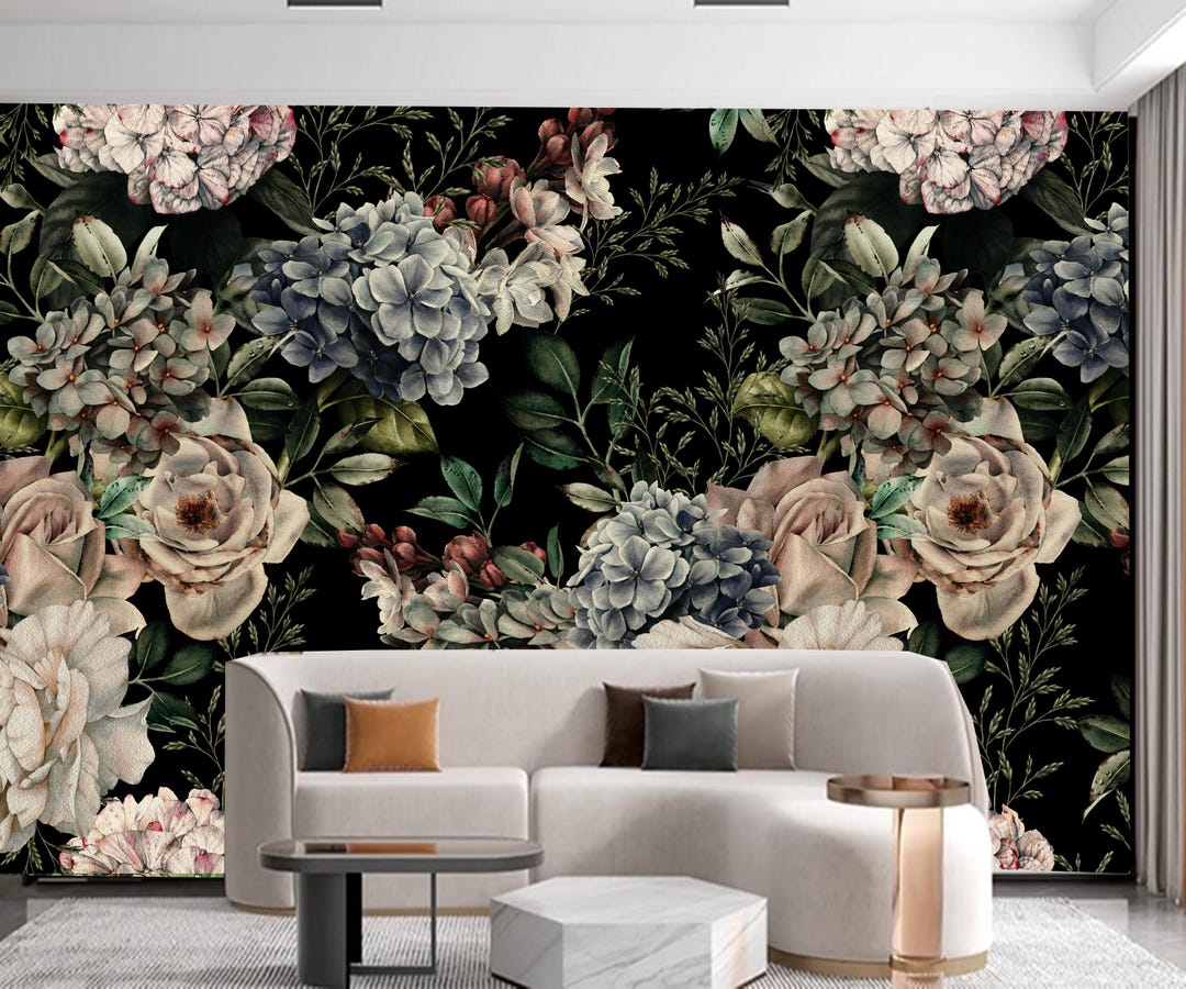 Dark Floral Wallpaper Mural: Oil Painting Roses, Bedroom Living Room ...