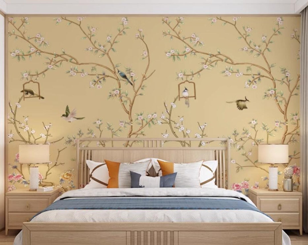 Chinoiserie Cherry Blossom Flowers Vines Wallpaper Wall Mural, Flowers ...