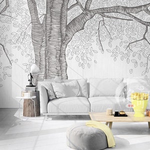 Sketch Large Tree with Leaves Wallpaper Wall Mural, Hand Painted One Large Tree Wall Mural, High Quality Bedroom Living Room Tree Wall Mural