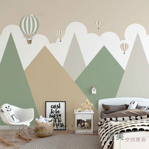 Simple Geometric Mountains Geometric Wallpaper Wall Mural, Modern Triangle Geometric Mountains with Balloons Nursery Kids Wall Mural