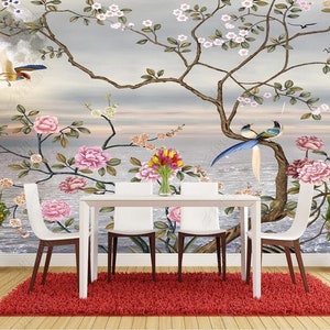 Chinoiserie Fine Brushwork Cherry Branches with Water Lake Landscape Wallpaper Wall Mural Wall Decor