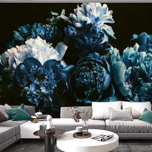 Floral Peonies Wallpaper: Vintage Blue Flowers Wall Mural