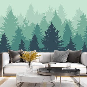 Natural Forest Trees Landscape Wallpaper, Woodland Panorama Silhouettes of Coniferous Trees, Pines, Firs and Spruces Nursery Wall Mural,