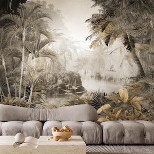 Vintage Rainforest Tropical Trees and Leaves Wallpaper, Foggy Forest Rainforest Landscape Mural Wall Decor