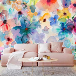 Papier peint aquarelle fleurs douces, couleurs pastel douces, décoration murale aquarelle, fleurs botanique murale, décoration murale bohème