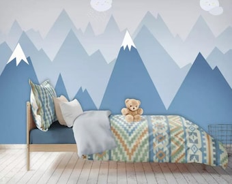 Hand Painted Blue Geometric Mountains Nursery Wallpaper Wall Mural, Geometric Mountains with Sun Kids Children Room Wall Mural