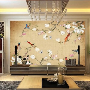 Magnolia Blossom Chinoiserie Floral Wallpaper Wal Mural, Beautiful Magnolia with Flying Birds Chinoiserie Wall Mural Wall Decor