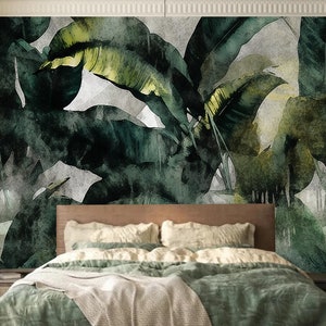 Carta da parati retrò con piante tropicali della foresta pluviale, decorazione da parete con foglie di banano verde astratto, camera da letto, soggiorno, decorazione da parete