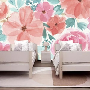 Watercolor Floral Wallpaper Mural: Nursery Kids&#39; Room Wall Decor