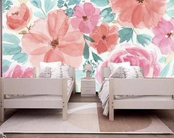 Watercolor Floral Wallpaper Mural: Nursery Kids' Room Wall Decor