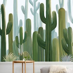 Mural de papel pintado de cactus en acuarela: decoración tropical para habitación infantil