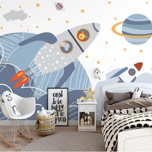 Nave espacial de dibujos animados habitación de los niños fondo de pantalla mural de la pared, universo espacio cohete dibujos animados niños habitación bebé niño habitación pared mural decoración de la pared