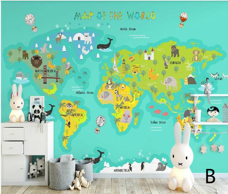 Blue/green Backgroud World Map Nursery Wallpaper Wall Mural Etsy
