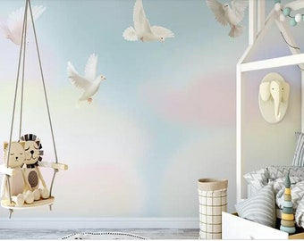 Lovely Colorful Cartoon Clouds Kids Nursery Wallpaper Wall Mural, Hand Painted Children Colorful Clouds Girl's Seagull Mural Wall Decor