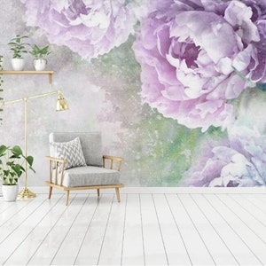 Purple Giant Peony Floral Wallpaper Wall Mural, Corner Purple Peony Floral Wall Mural for Living Room Bedroom