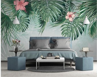 Hanging Green Tropical Leaves with Flowers Wallpaper Wall Mural, Several Green Tropical Leaves Wall Mural Wall Decor Home Decor