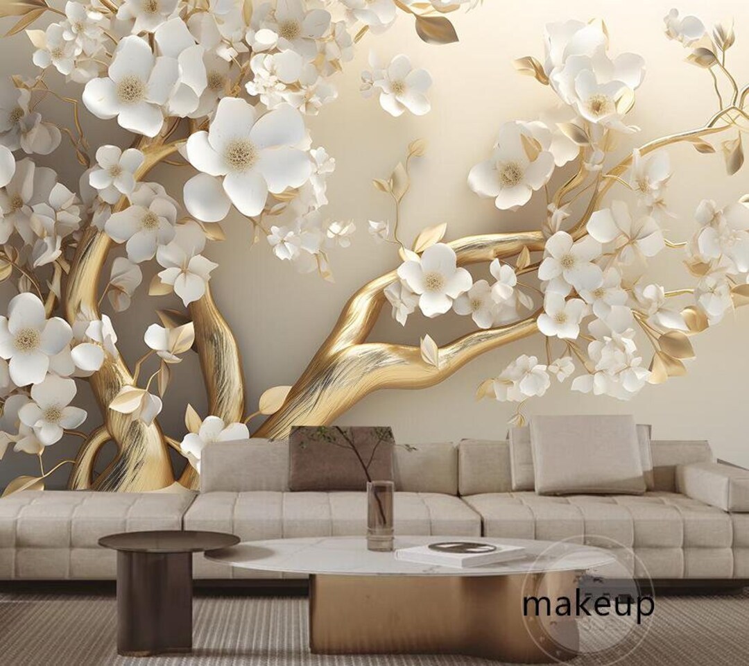 3D花柄壁紙壁画：白い花、金色の幹の木 - Etsy 日本