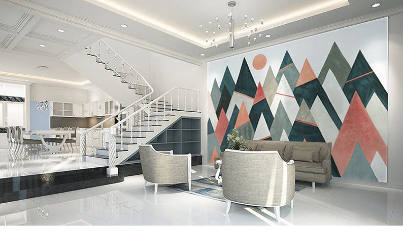 Geometric Mountains with Sun Geometric Wallpaper Wall Mural Modern Simple Design with Lines Space Triangle Geometric Wall Mural Wall Decor
