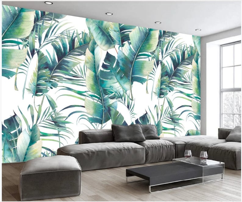 Green Tropical Plants Wallpaper Wall Mural Watercolor Green Etsy