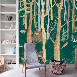 Papel tapiz para guardería con dibujos de animales y árboles del bosque en acuarela, hermoso bosque verde de fantasía. Mural de pared para niños