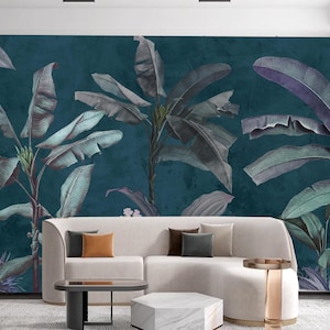 Dark Background Wallpaper Design, Topical Banana Leaf Navy Blue Background Mural Art, Living Room Bedroom Plants Wallpaper Mural
