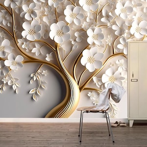 3D Luxury White Flowers Golden Stem Wallpaper Wall Mural, White Flowers Tree Wall Mural for Bedrom Living Room Wall Decor