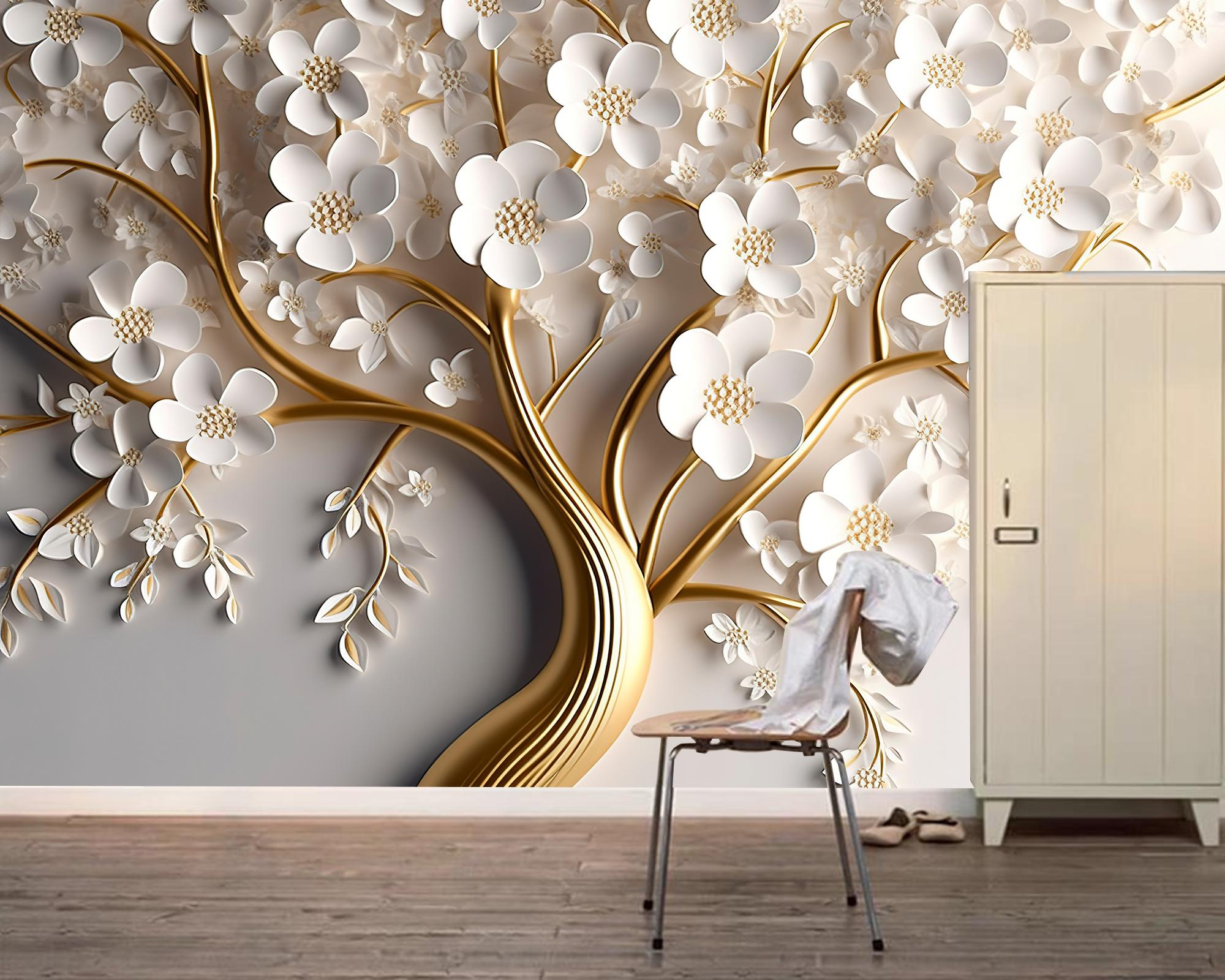 Luxury 3D White Flower Tree Wall Mural: Golden Stem Wallpaper - Etsy