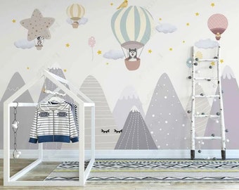 Cartoon Hot Air Balloons Animals Children's Room Background Nursery Wallpaper Wall Mural
