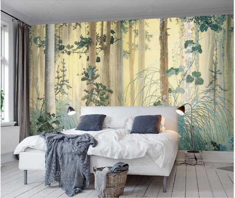 Oil Painting Forest Trees Wall Decor Wallpaper Scenic Birds Etsy