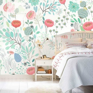 Hand Painted Watercolor Garden Wallpaper Wall Mural, Fresh Small Flowers Wall Mural, Nursery Girl Baby Daughter Room Living Room Wallpaper