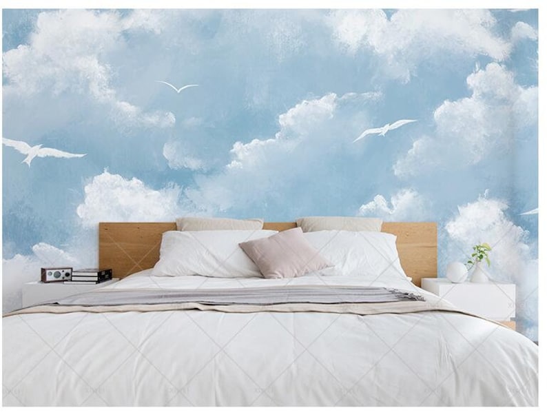 Hand Painted Blue Sky Clouds Wallpaper Wall Mural Beautiful Etsy