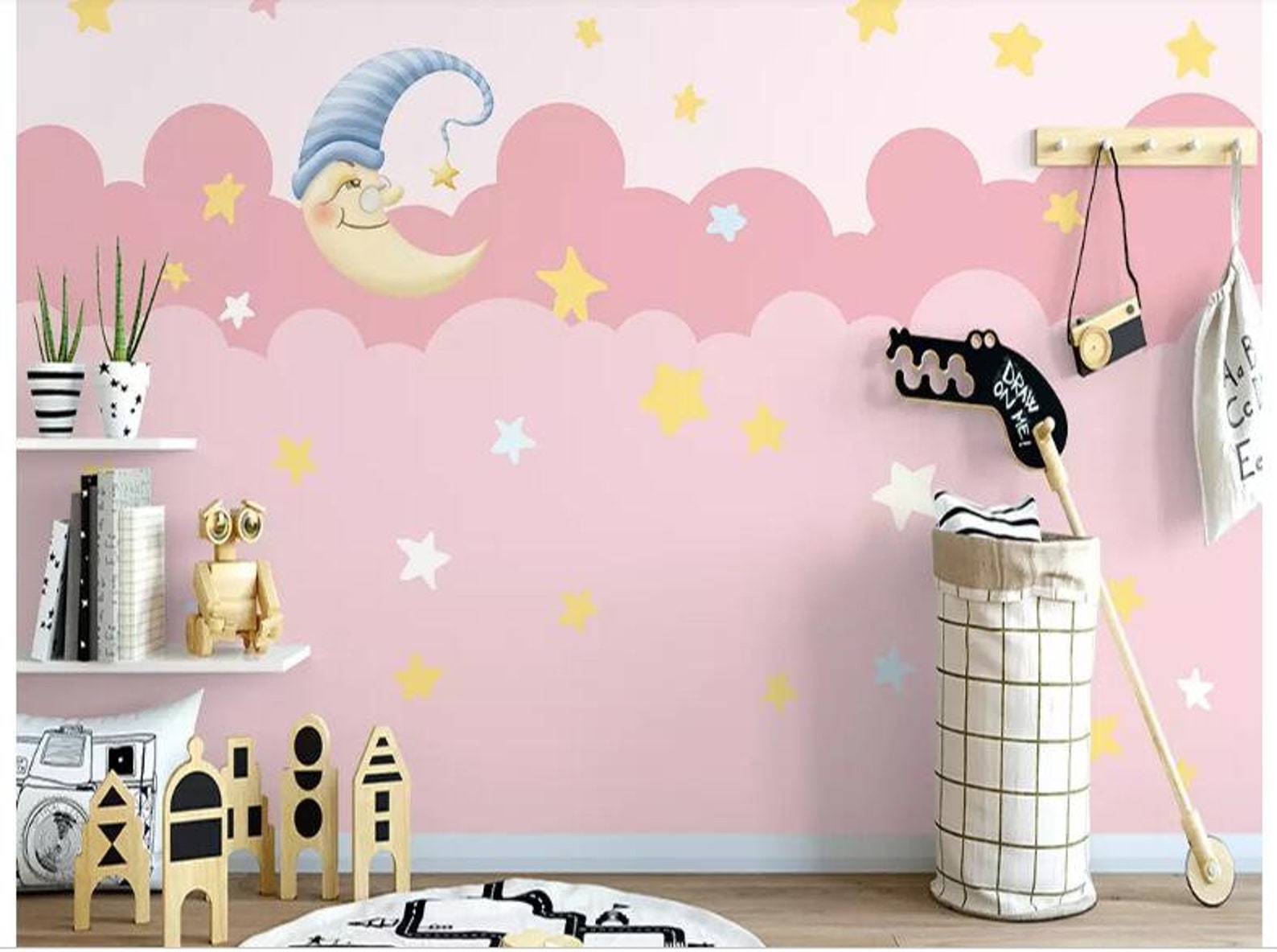 Pink Girls' Clouds Stars Moon Nursery Wallpaper Wall Etsy