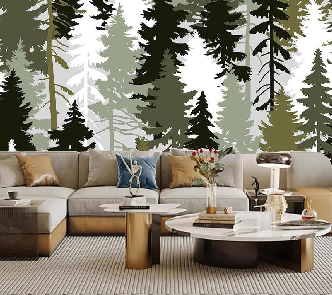 Pine Tree Silhouette Wallpaper: Watercolor Forest Wall Mural - Etsy