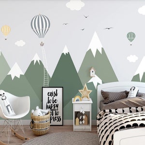 Green Triangle Mountains Cartoon Mountains Hot Air Balloons Wallpaper Wall Mural,  Cartoon Clouds Mountains Nursery Kids Wall Mural Decor