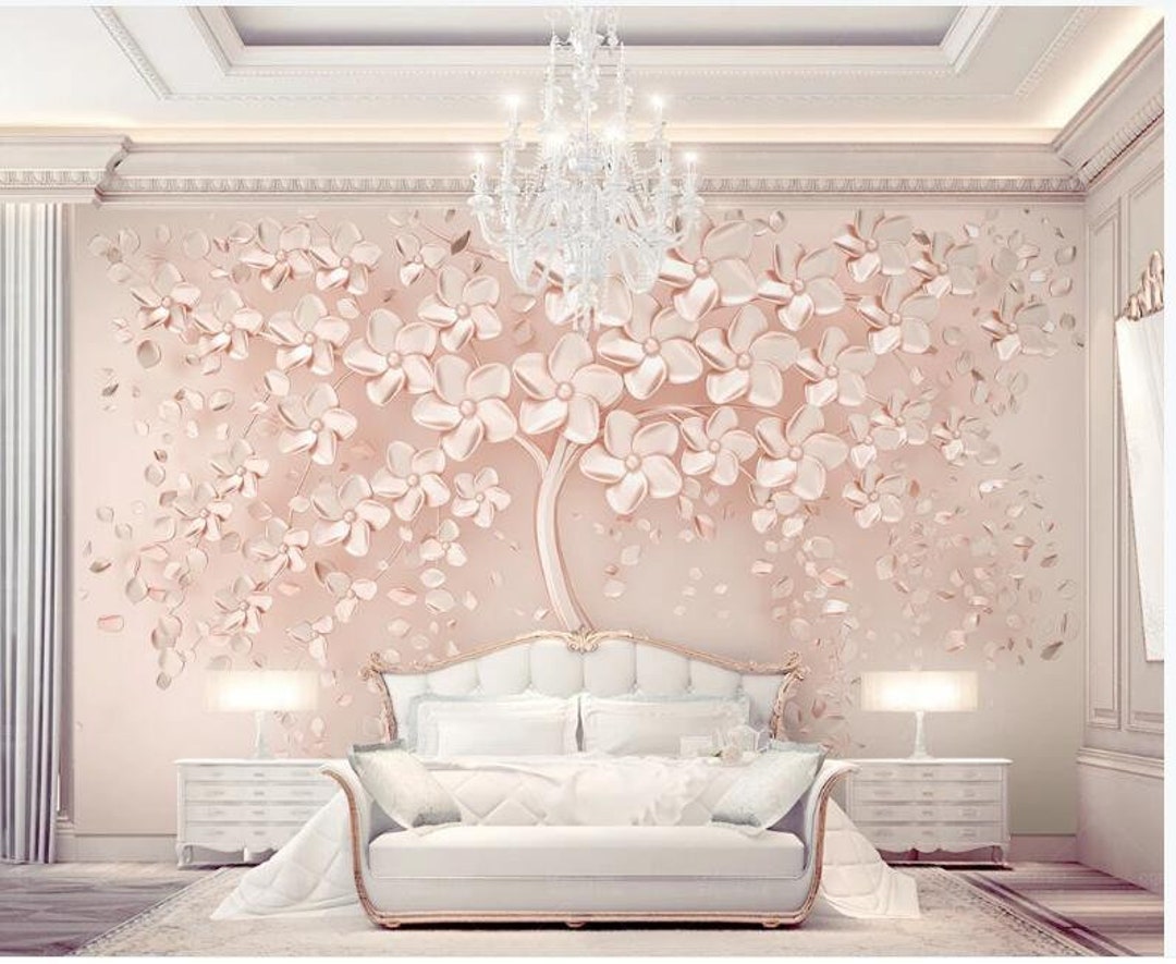 3D Embossed Pink Flowers Tree Wallpaper Wall Mural Creative Unique ...