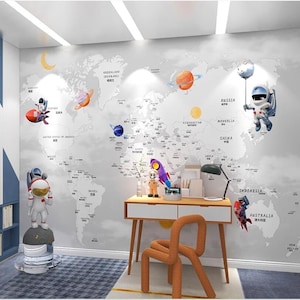 Cartoon wereldkaart astronaut raket kinderkamer behang muur muurschildering, wereldkaart jongenskamer kinderkamer behang muur muurschildering