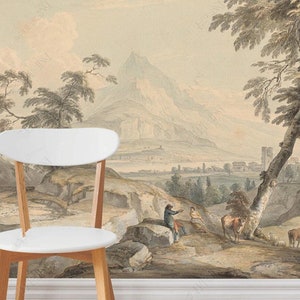 Ölgemälde Retro Vintage Bäume Wald Berge Landschaft Wallpaper Wandbild Wand-Dekor
