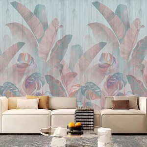 Carta da parati con grandi foglie di palma, sfondo murale con foglie retrò, decorazione murale con piante di banane tropicali