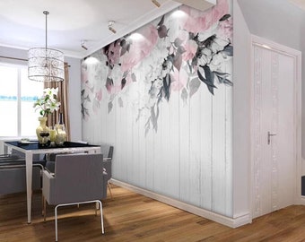 Watercolor Hanging Flowers Blossom Wallpaper Wall Mural, Pink Flowers Blossom Wall Art for Bedroom/Living Room Wall Mural, Floral Wall Mural