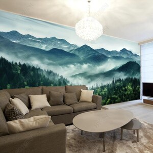 Forêts brumeuses Paysage Papier peint Mural, Scerene Forêt Foggy Misty Forest Arbres Montagnes Paysage Murale