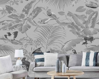 Grey Rainforest Jungle Plants Leaves Wallpaper Wall Mural
