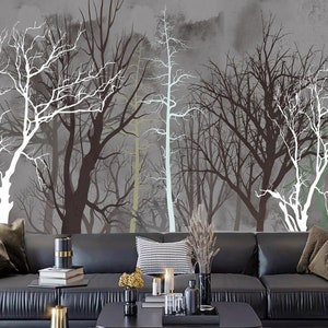 Graue nackte Bäume Wald Tapete Wandbild, Retro Bäume Wald Wandbild Wanddekor
