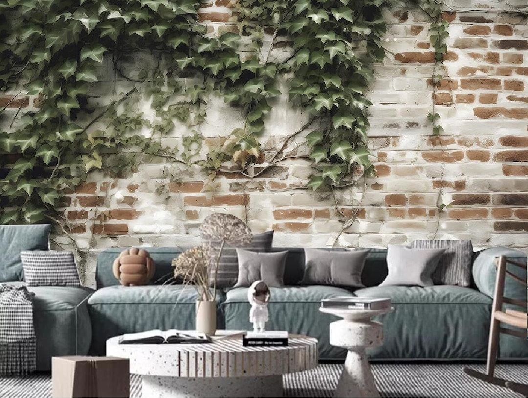 Brick Wall & Green Ivy Wallpaper Mural: Hanging Vine Wall Decor - Etsy