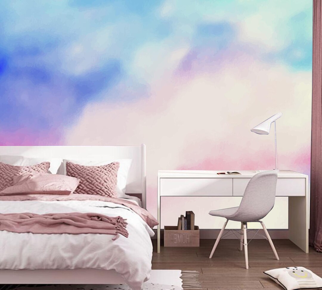 Watercolor Clouds Wallpaper Mural: Abstract Pink Blue Kids Room Decor ...