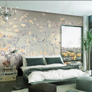 Chinoiserie Cherry Blossom Wallpaper Mural: Birds & Flowers