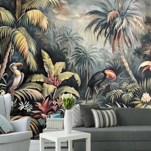 Piante tropicali, foglie di palma e banano, carta da parati, piante tropicali, retrò, vintage, decorazione murale da parete